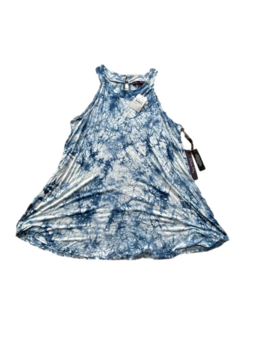 Blue White Tie Dye Olivia Sky Yoga High Neck Tank, Size Large